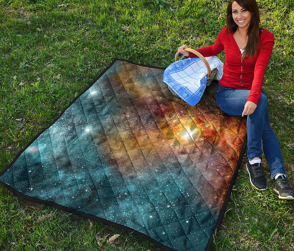 Blue Orange Stardust Galaxy Space Print Quilt