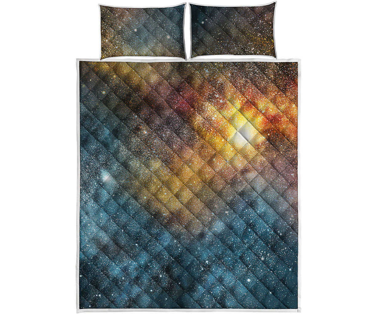 Blue Orange Stardust Galaxy Space Print Quilt Bed Set