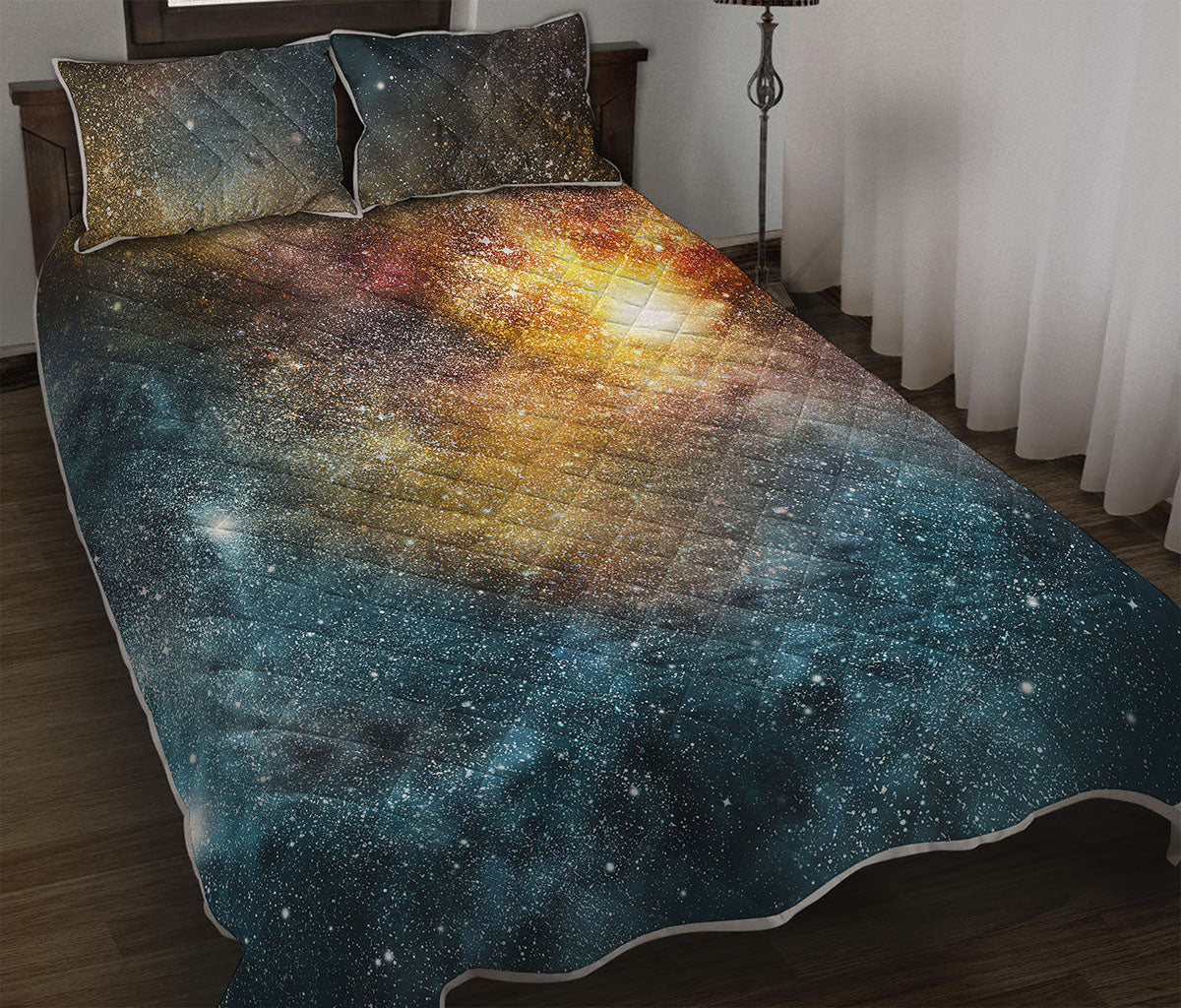 Blue Orange Stardust Galaxy Space Print Quilt Bed Set