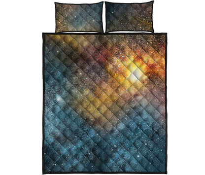 Blue Orange Stardust Galaxy Space Print Quilt Bed Set