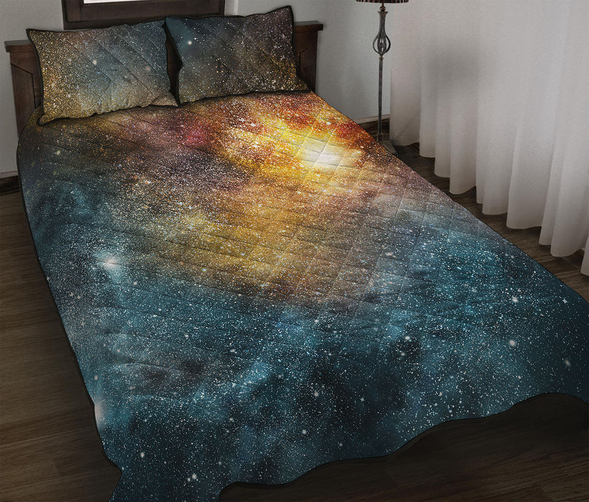 Blue Orange Stardust Galaxy Space Print Quilt Bed Set