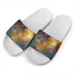 Blue Orange Stardust Galaxy Space Print White Slide Sandals