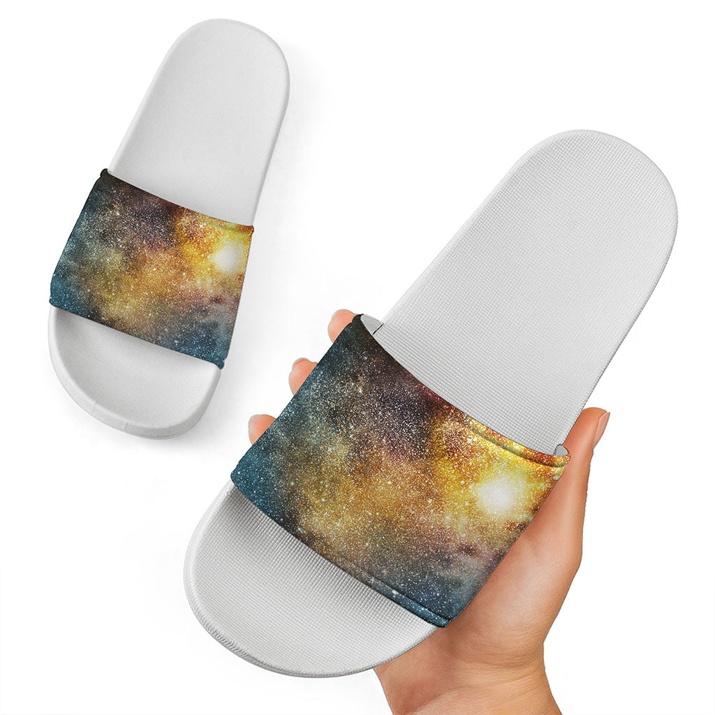 Blue Orange Stardust Galaxy Space Print White Slide Sandals