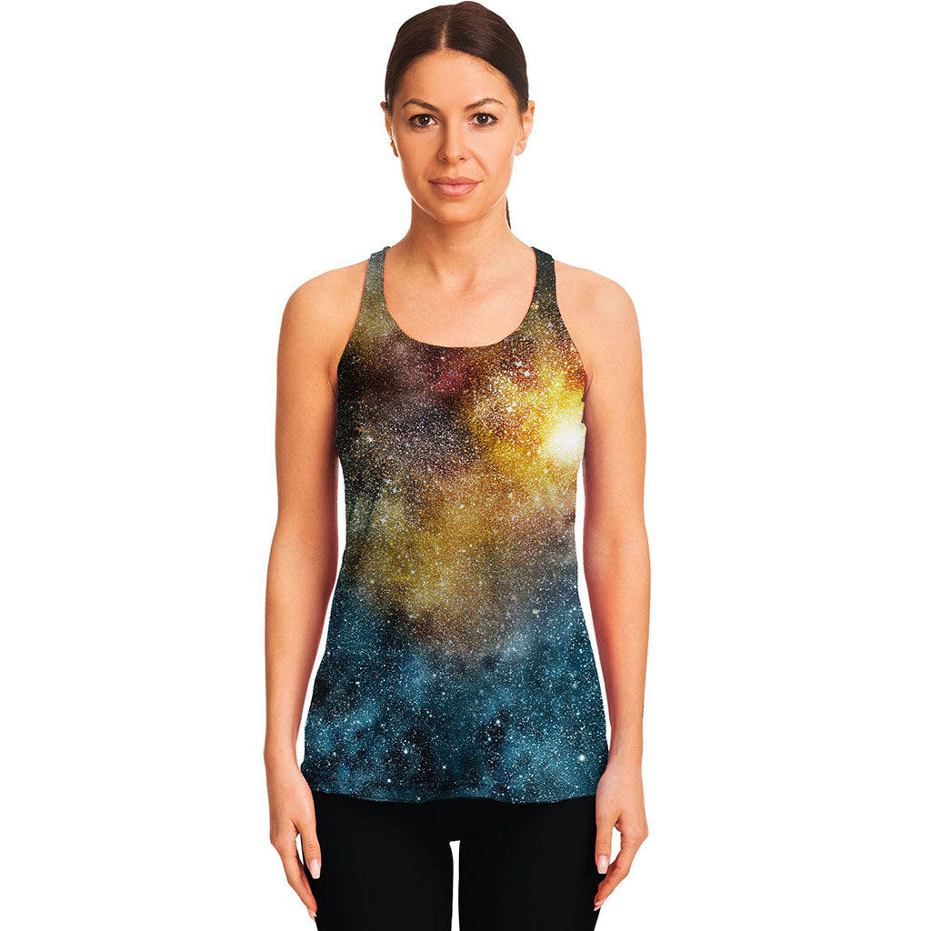 Blue Orange Stardust Galaxy Space Print Women's Racerback Tank Top