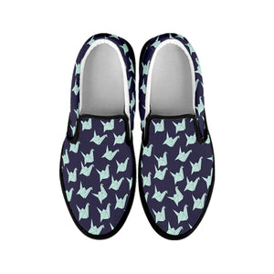 Blue Origami Crane Pattern Print Black Slip On Shoes