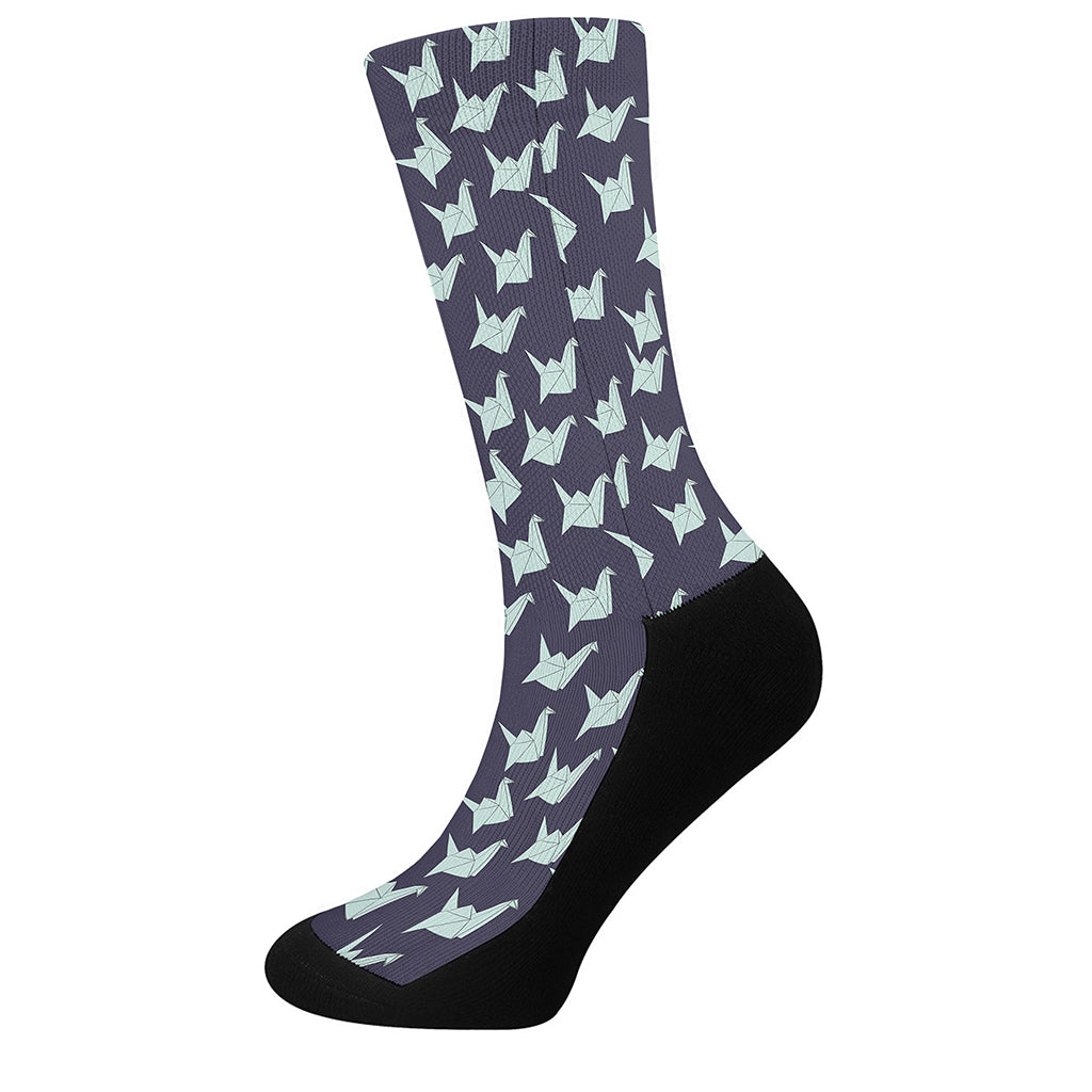 Blue Origami Crane Pattern Print Crew Socks