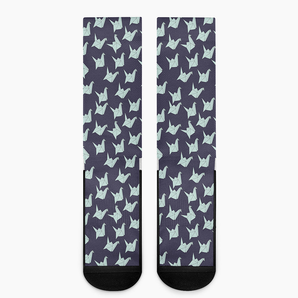 Blue Origami Crane Pattern Print Crew Socks