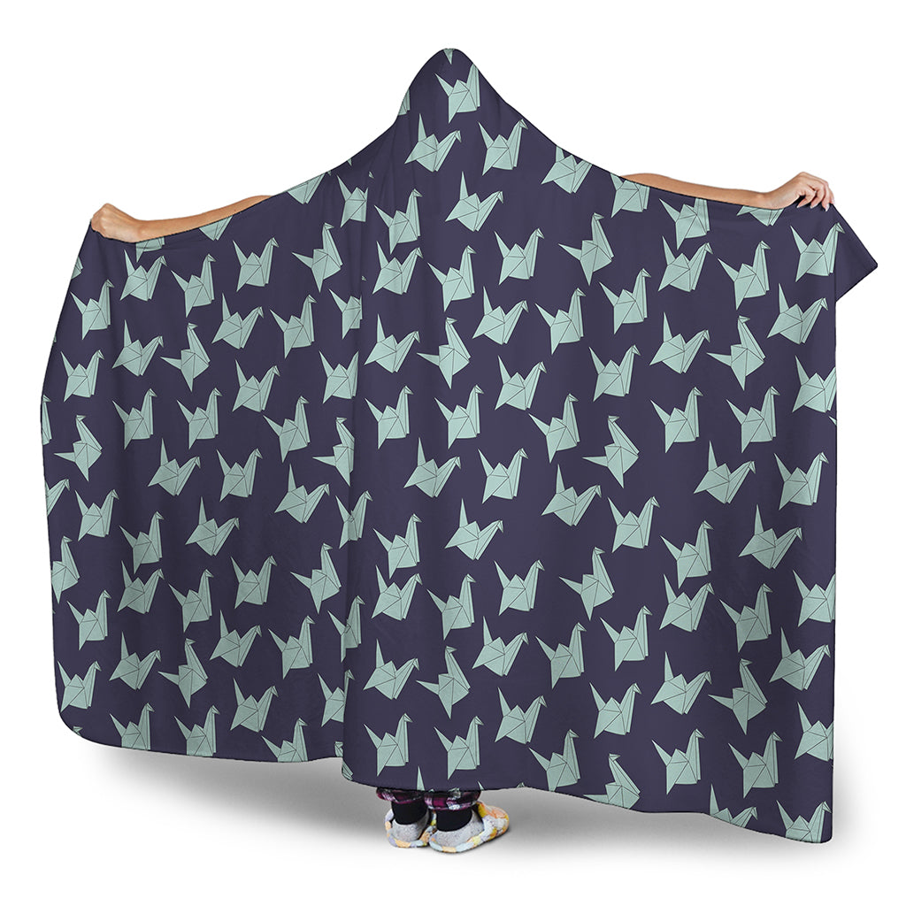 Blue Origami Crane Pattern Print Hooded Blanket