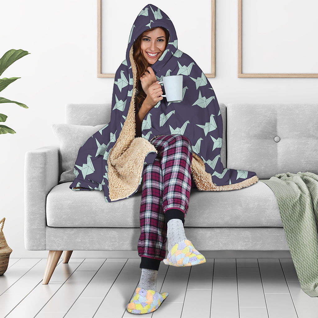 Blue Origami Crane Pattern Print Hooded Blanket