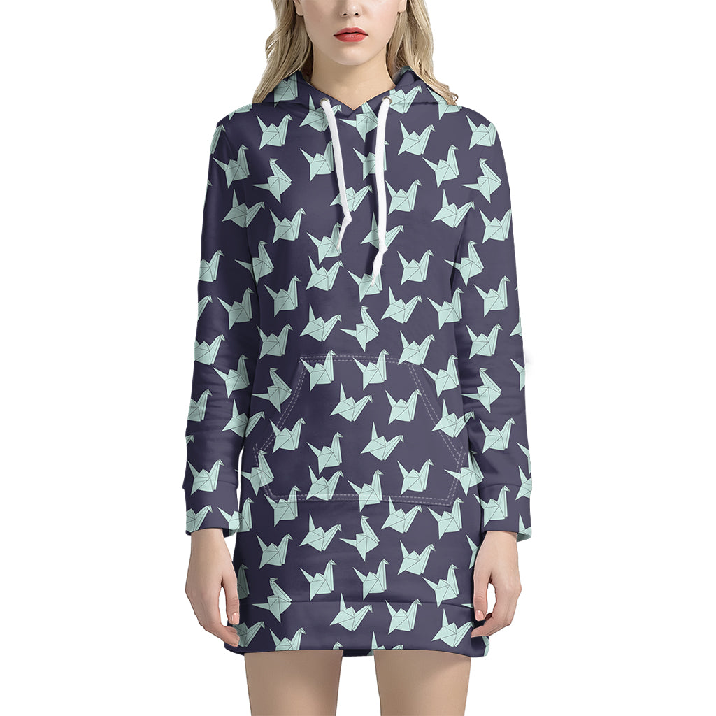 Blue Origami Crane Pattern Print Hoodie Dress