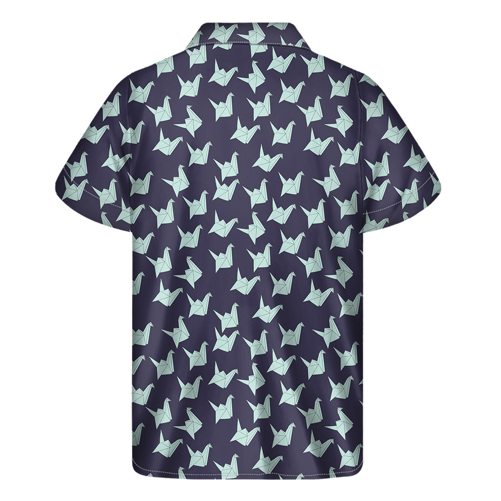 Blue Origami Crane Pattern Print Men's Short Sleeve Shirt