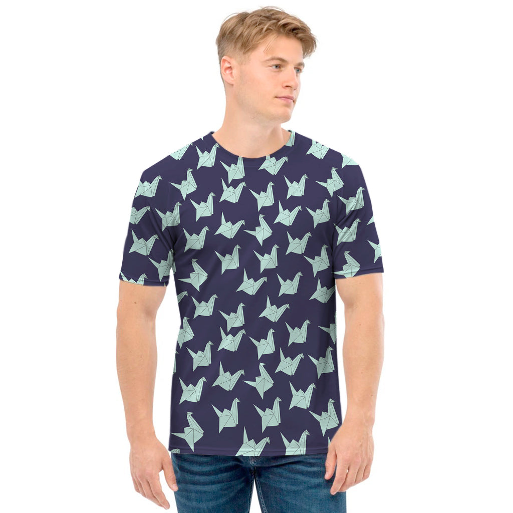 Blue Origami Crane Pattern Print Men's T-Shirt