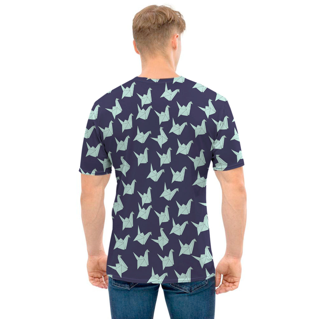 Blue Origami Crane Pattern Print Men's T-Shirt