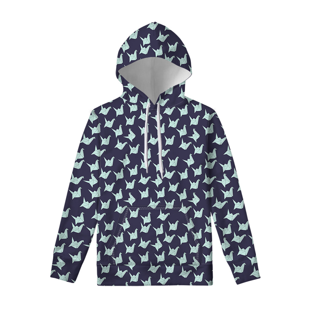 Blue Origami Crane Pattern Print Pullover Hoodie