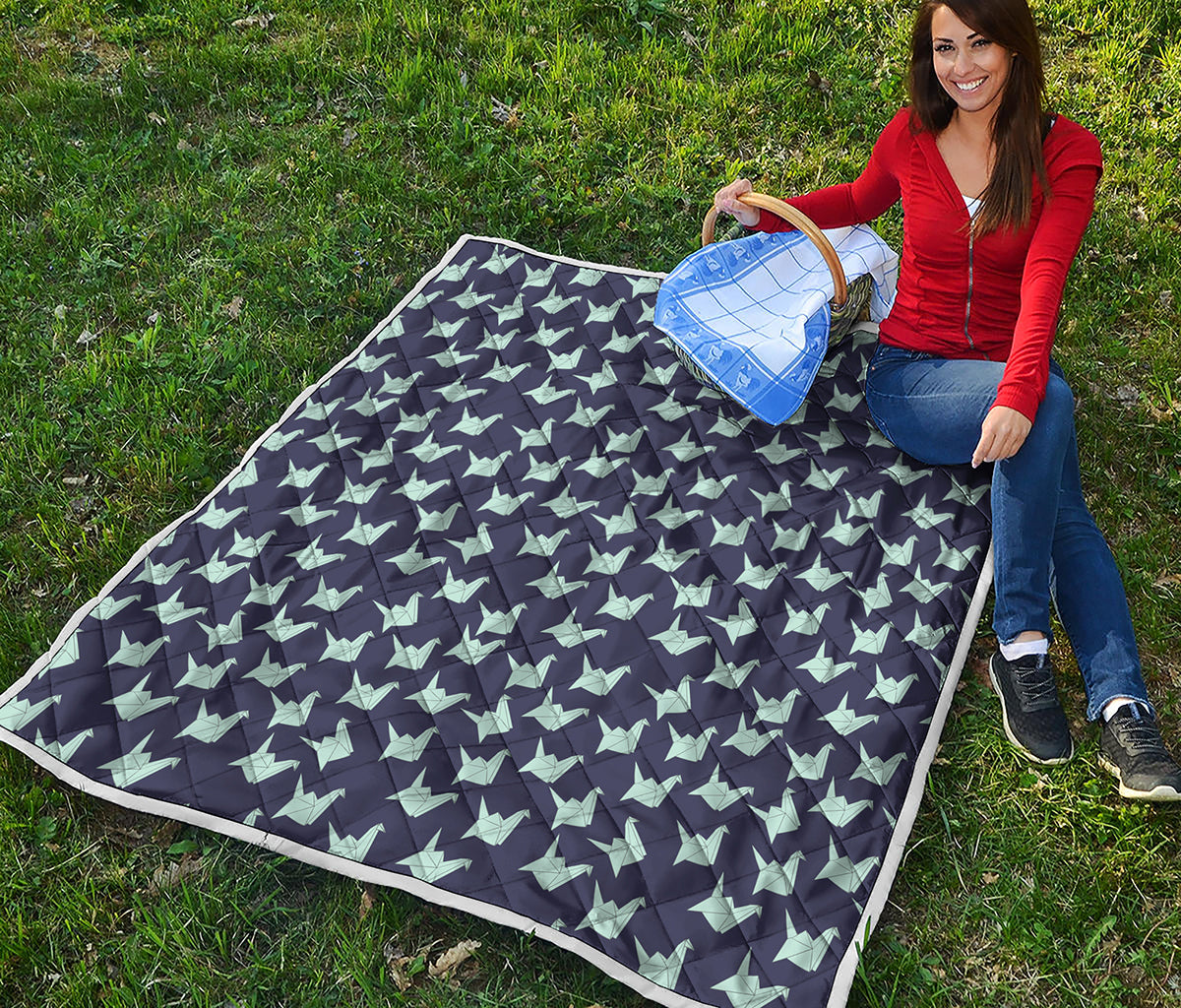 Blue Origami Crane Pattern Print Quilt