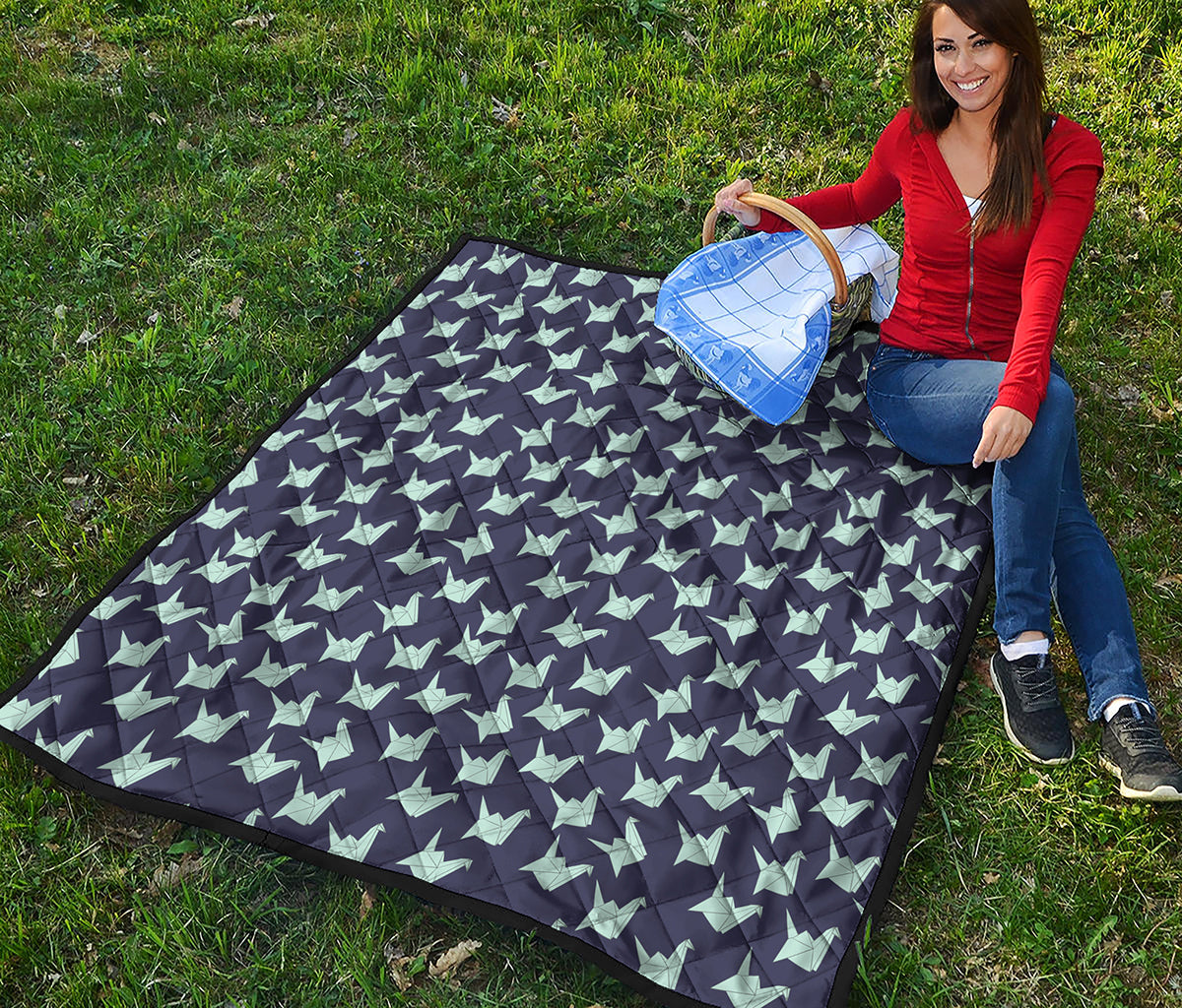 Blue Origami Crane Pattern Print Quilt