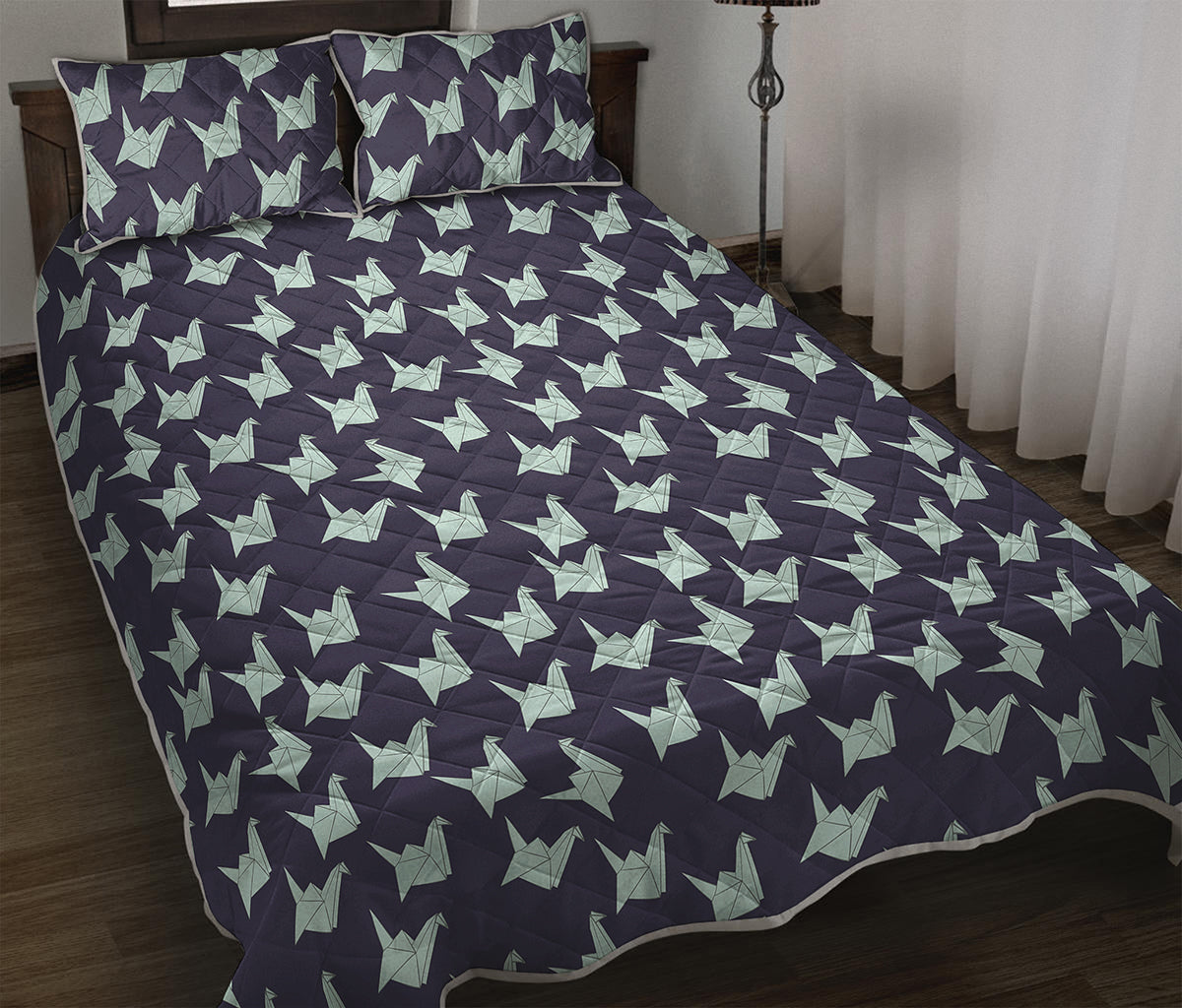 Blue Origami Crane Pattern Print Quilt Bed Set