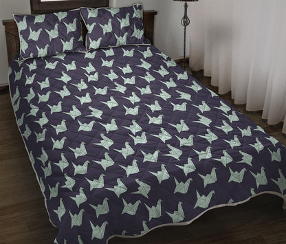 Blue Origami Crane Pattern Print Quilt Bed Set