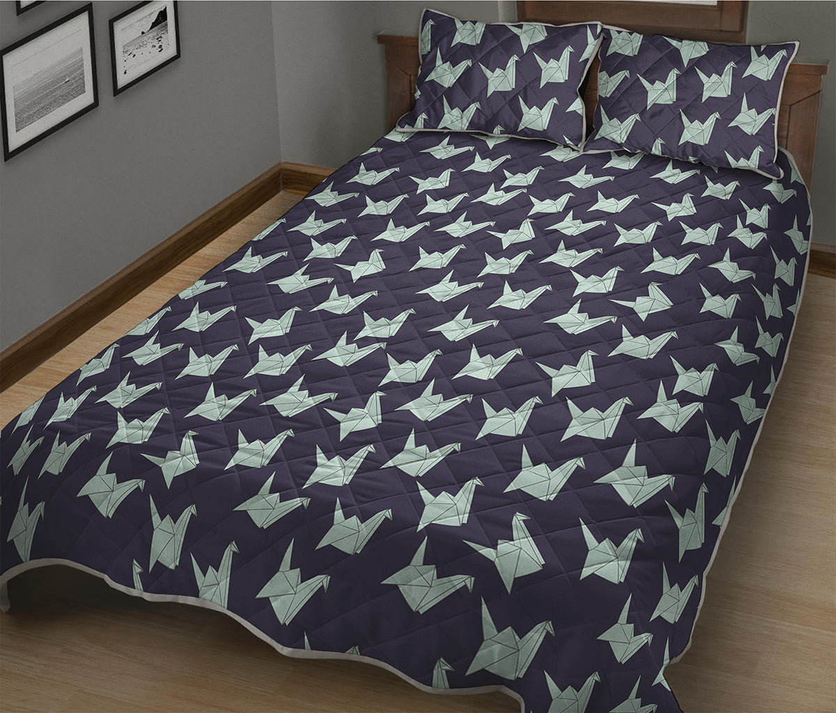 Blue Origami Crane Pattern Print Quilt Bed Set