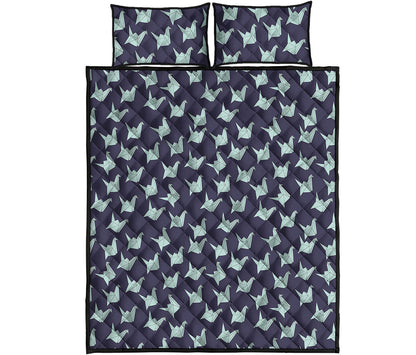 Blue Origami Crane Pattern Print Quilt Bed Set