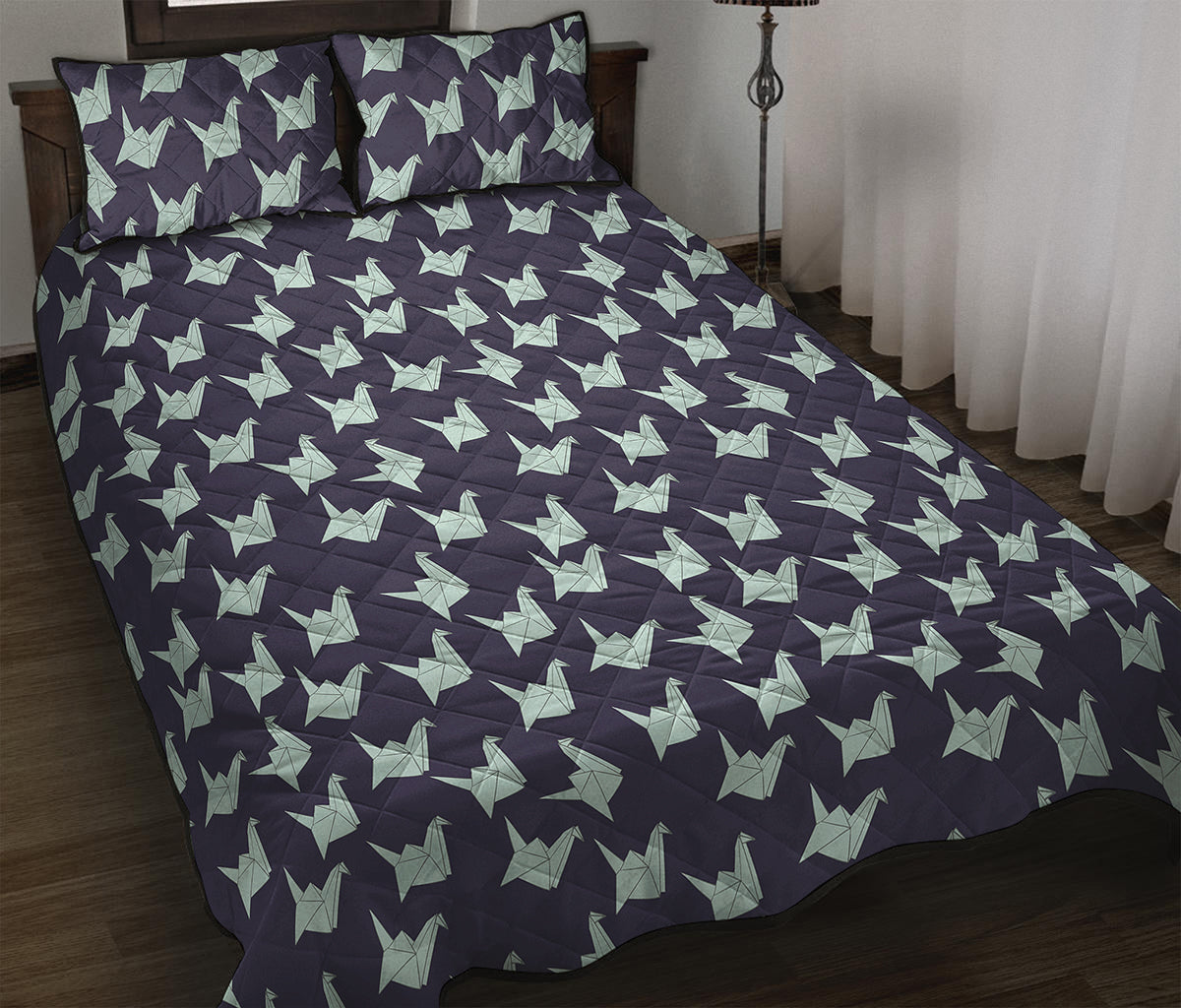 Blue Origami Crane Pattern Print Quilt Bed Set