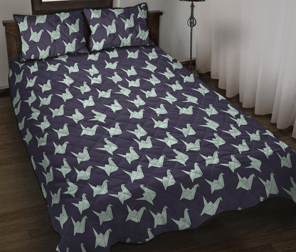 Blue Origami Crane Pattern Print Quilt Bed Set