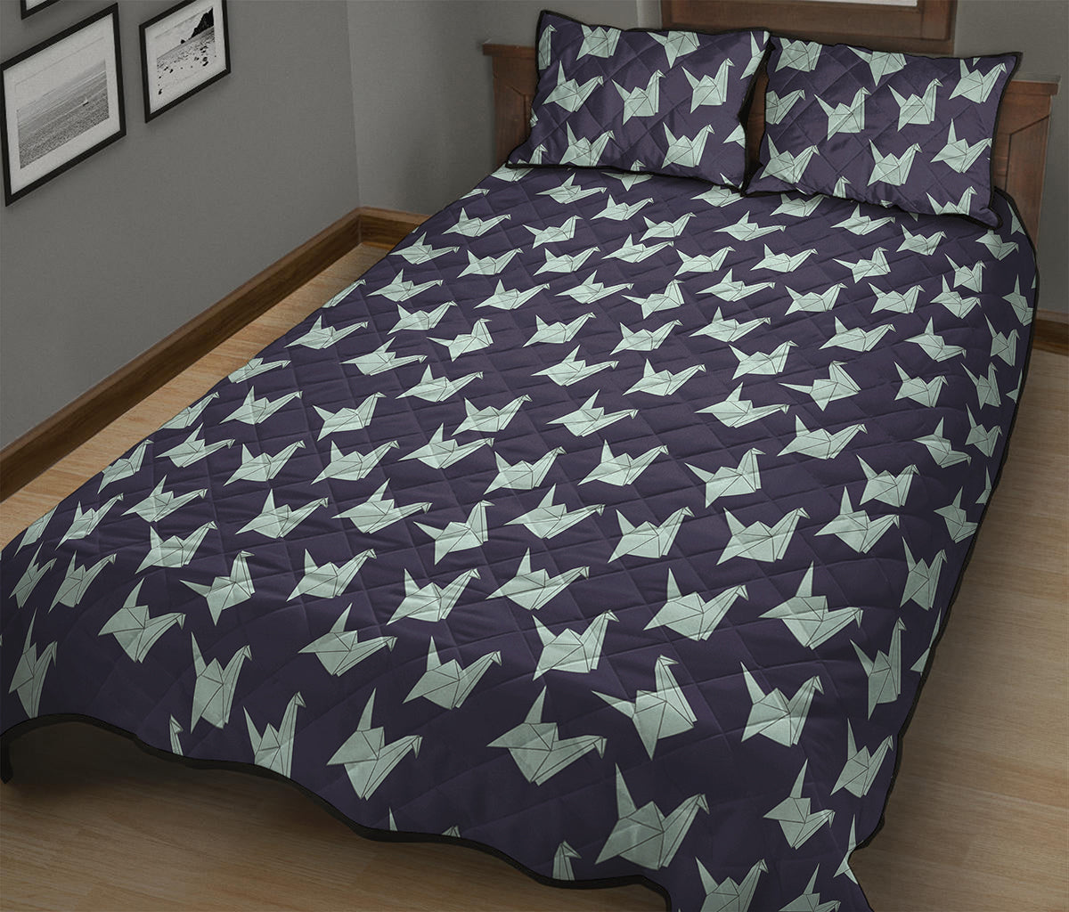 Blue Origami Crane Pattern Print Quilt Bed Set