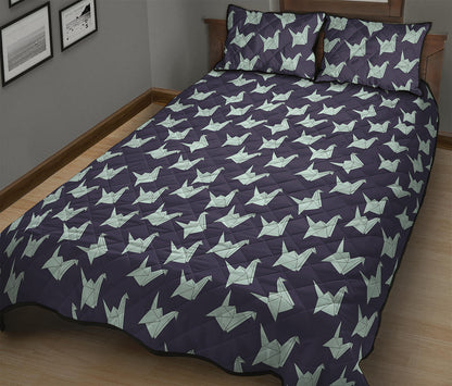 Blue Origami Crane Pattern Print Quilt Bed Set