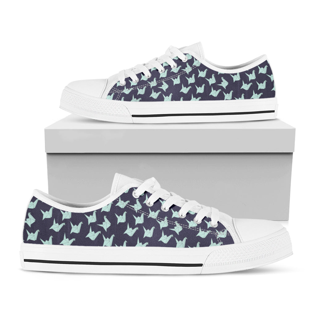 Blue Origami Crane Pattern Print White Low Top Shoes