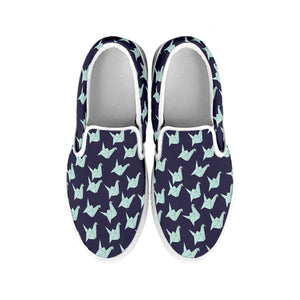 Blue Origami Crane Pattern Print White Slip On Shoes