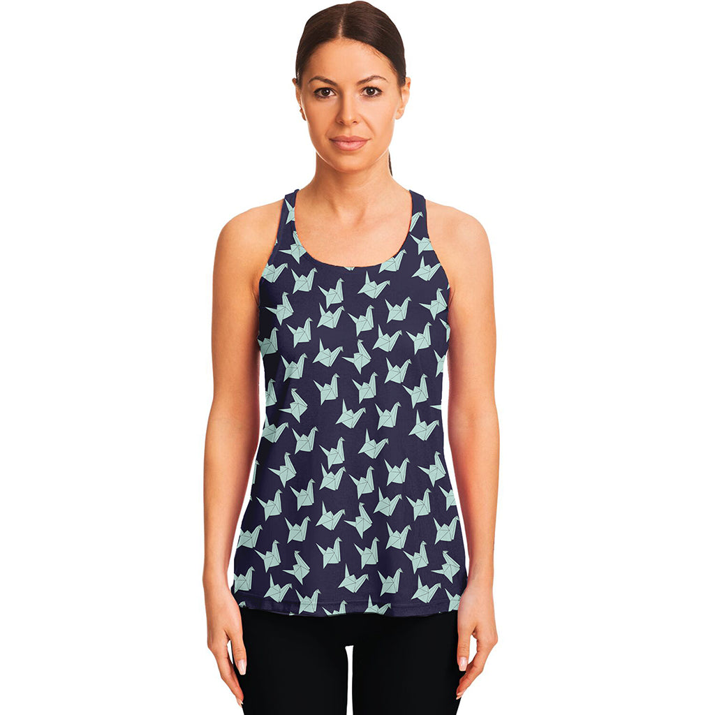 Blue Origami Crane Pattern Print Women's Racerback Tank Top