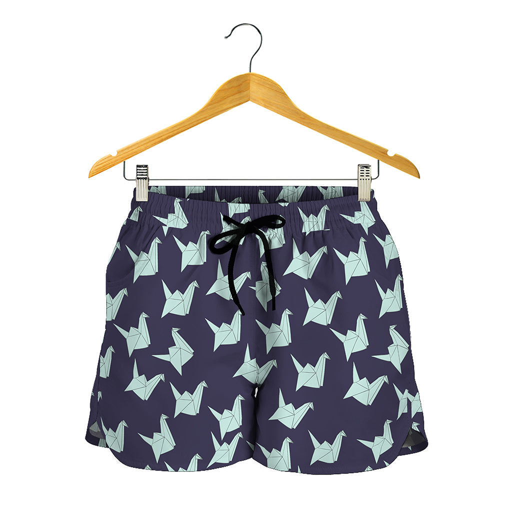 Blue Origami Crane Pattern Print Women's Shorts