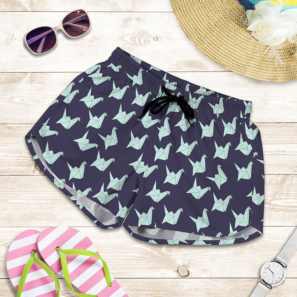 Blue Origami Crane Pattern Print Women's Shorts