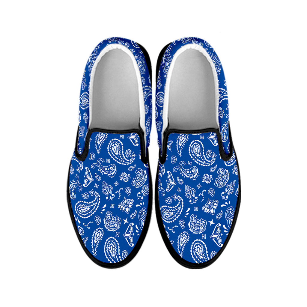 Blue Paisley Bandana Pattern Print Black Slip On Shoes