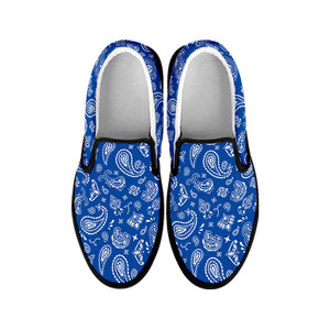 Blue Paisley Bandana Pattern Print Black Slip On Shoes