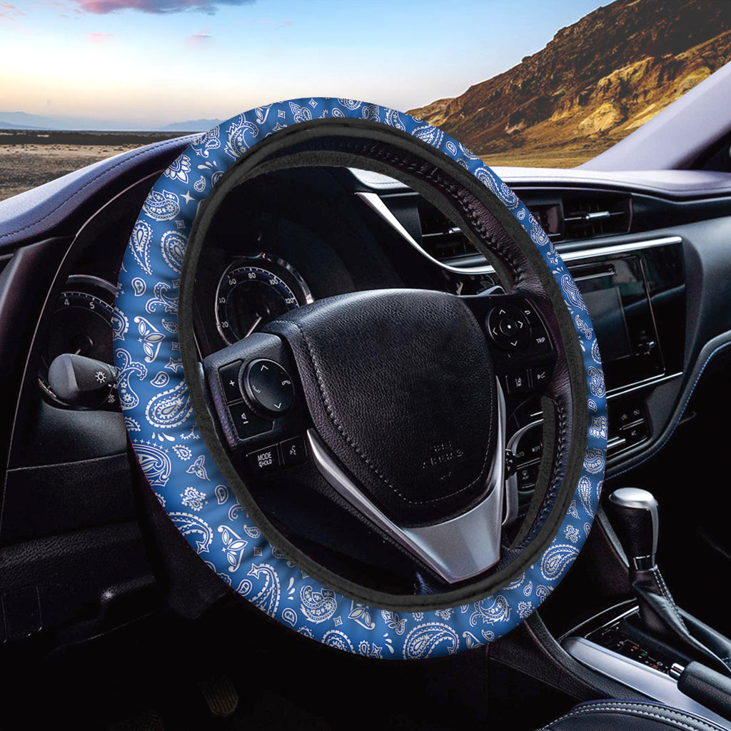 Blue Paisley Bandana Pattern Print Car Steering Wheel Cover