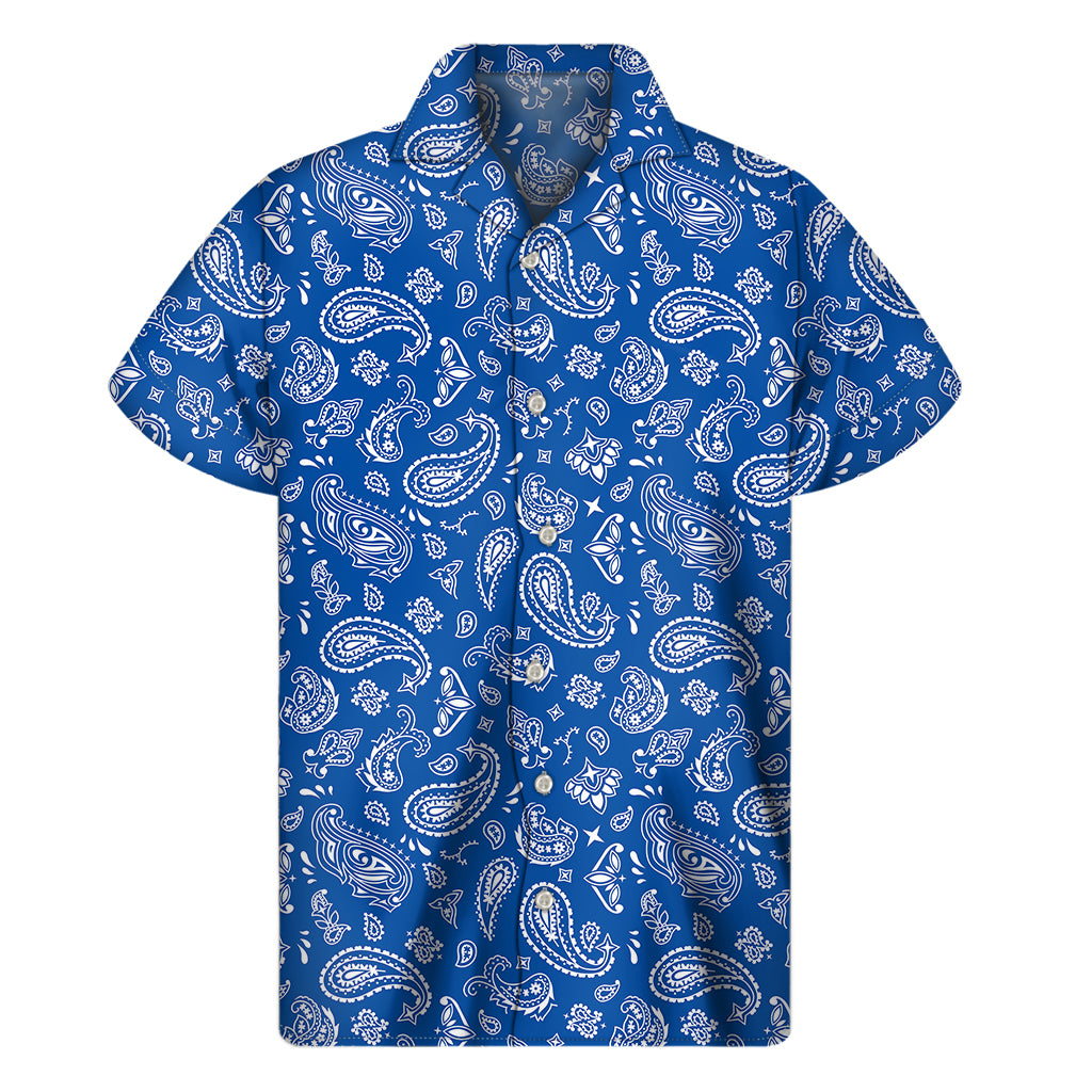 Blue Paisley Bandana Pattern Print Men's Short Sleeve Shirt