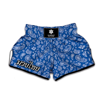 Blue Paisley Bandana Pattern Print Muay Thai Boxing Shorts