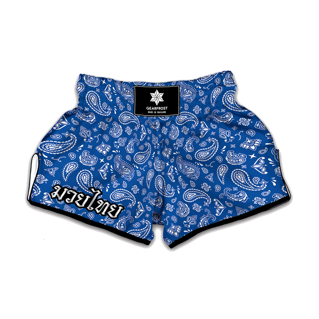 Blue Paisley Bandana Pattern Print Muay Thai Boxing Shorts