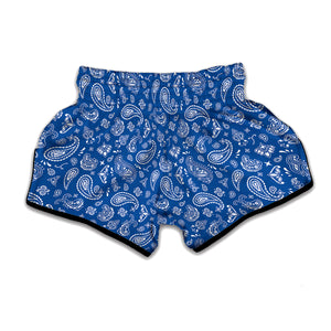 Blue Paisley Bandana Pattern Print Muay Thai Boxing Shorts