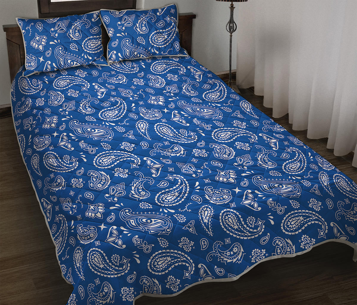 Blue Paisley Bandana Pattern Print Quilt Bed Set