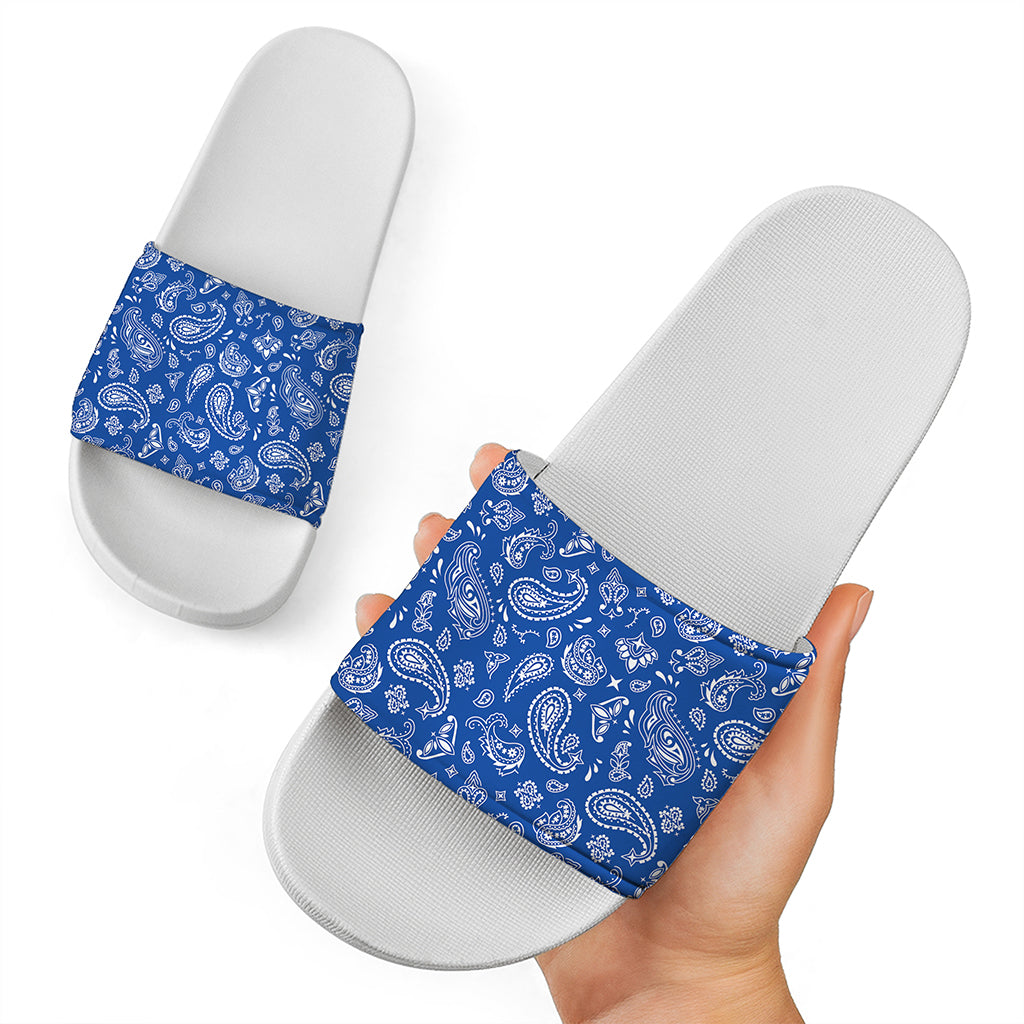 Blue Paisley Bandana Pattern Print White Slide Sandals
