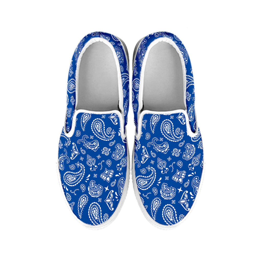 Blue Paisley Bandana Pattern Print White Slip On Shoes