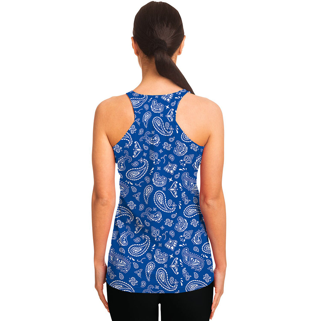 Blue Paisley Bandana Pattern Print Women's Racerback Tank Top