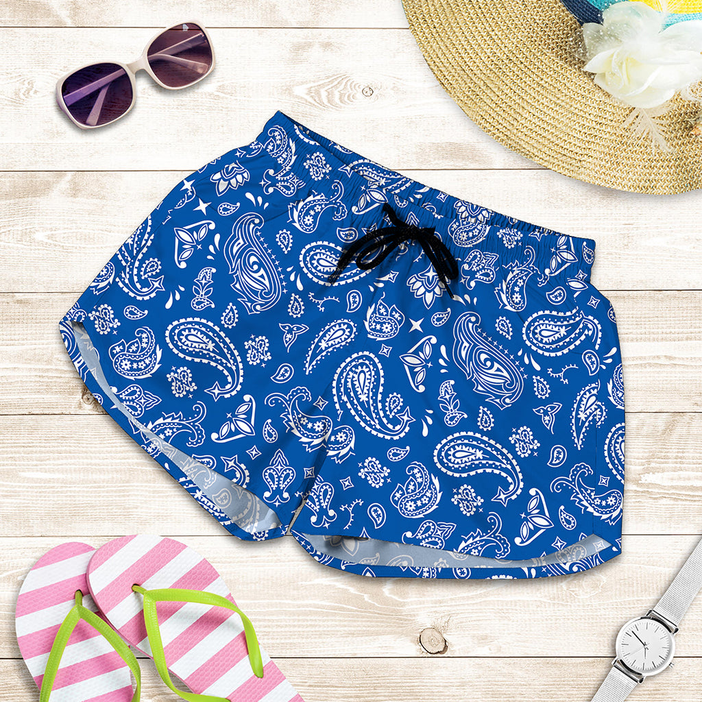 Blue Paisley Bandana Pattern Print Women's Shorts