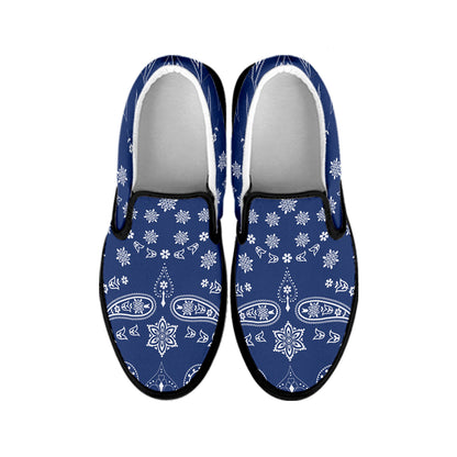 Blue Paisley Bandana Print Black Slip On Shoes