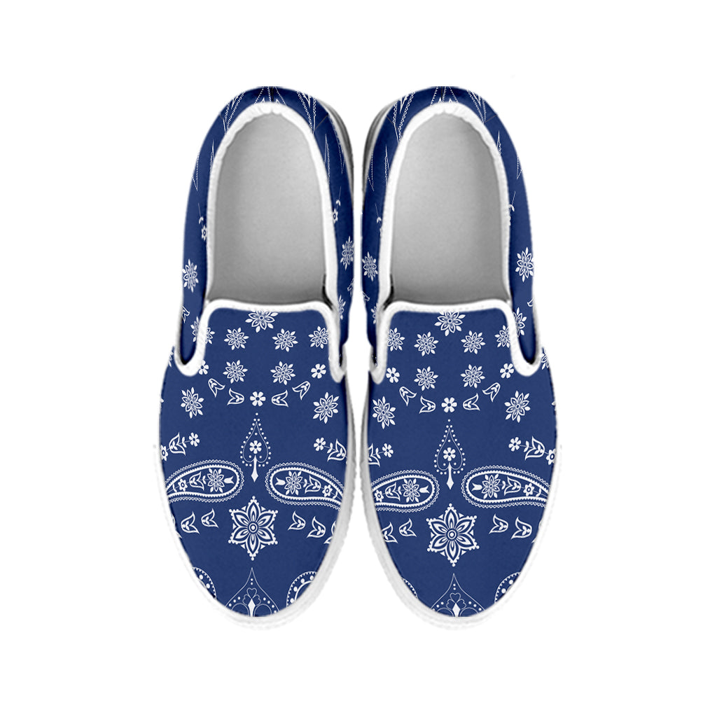 Blue Paisley Bandana Print White Slip On Shoes