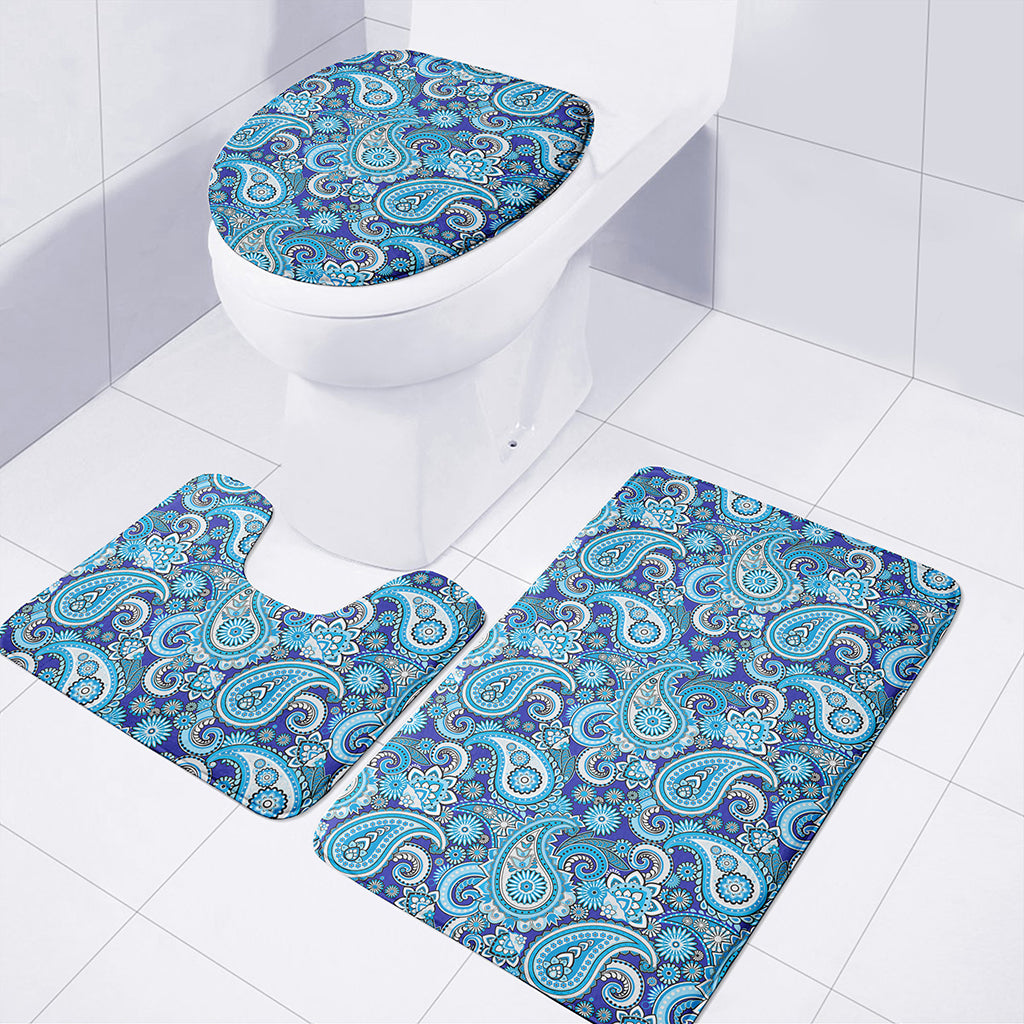 Blue Paisley Pattern Print 3 Piece Bath Mat Set