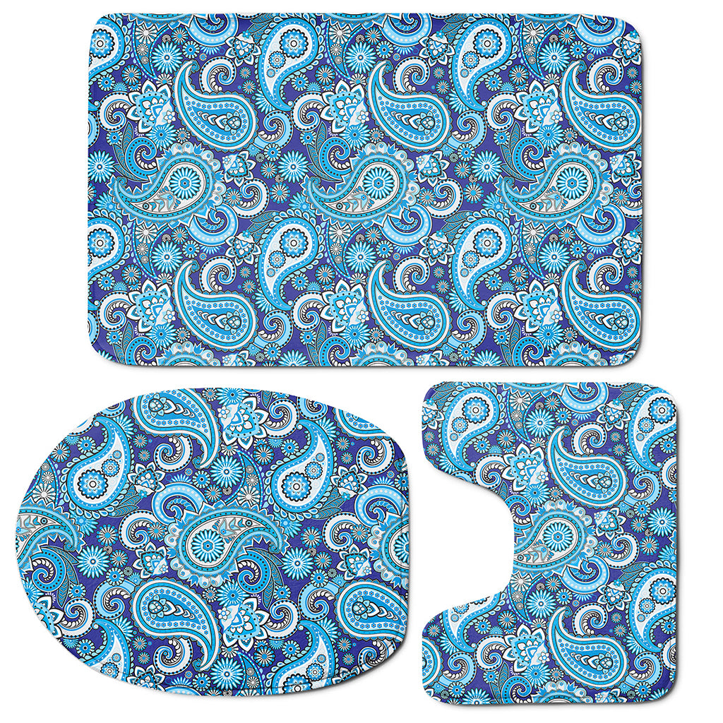 Blue Paisley Pattern Print 3 Piece Bath Mat Set