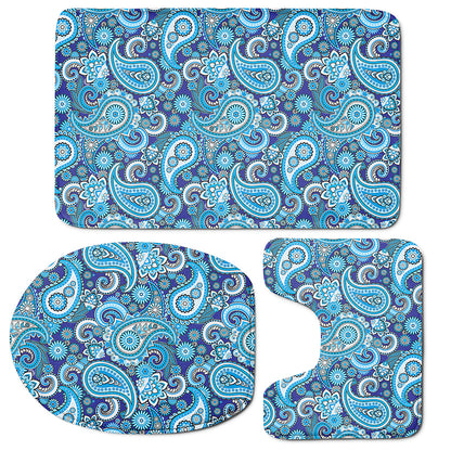 Blue Paisley Pattern Print 3 Piece Bath Mat Set